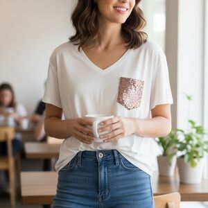 1 clique White V-Neck Top with Sequin Pocket